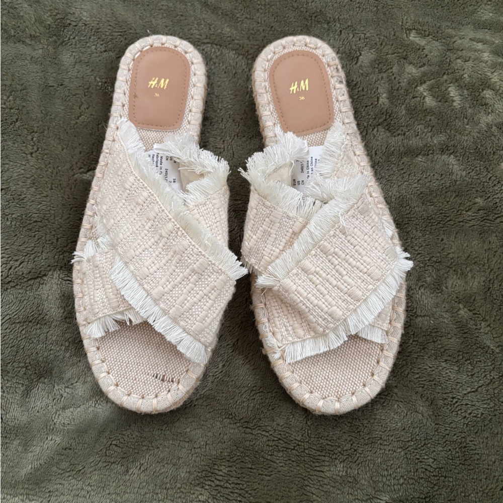 H&M Beige Fringe Espadrille Slides